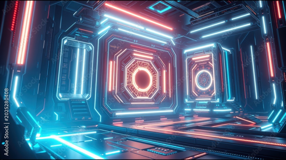 Fototapeta premium Futuristic corridor, glowing neon lights, geometric shapes. Dark background emphasizes vibrant blue, red illumination. Clean lines, modern design.