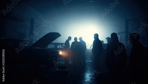 Mysterious group of people gathered around a car in the dark.
