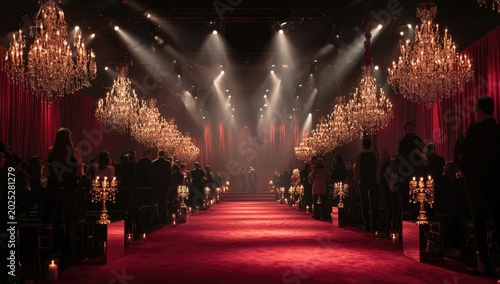 Luxurious Red Carpet Event with Chandeliers and Spotlights.
