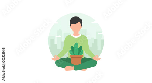 Person meditating with a potted cactus in an urban setting, finding peace and mindfulness amidst city life. Wellness, nature, and stress relief concept.