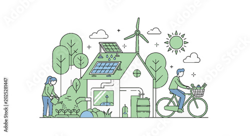 Sustainable eco-friendly living concept: green energy house with solar panels, wind turbine, gardening, and bicycle transport. Environmental responsibility.