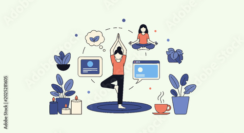 Modern flat illustration of a person practicing yoga, surrounded by elements representing mindfulness, wellness, and healthy lifestyle choices.