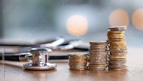 Stethoscope and Stacks of Coins Representing Healthcare Costs and Financial Growth.