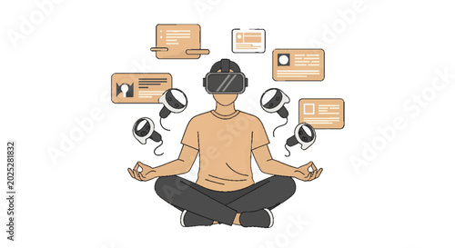 Person meditating in VR headset surrounded by floating digital interfaces and controllers, representing virtual reality immersion and technology.