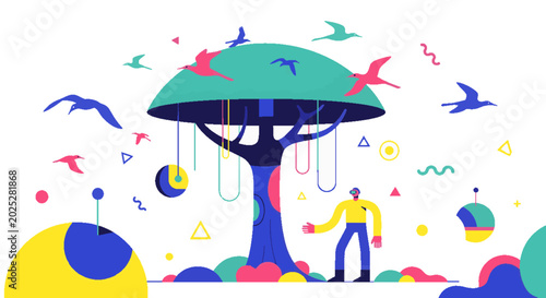 Abstract surreal landscape with a stylized tree, flying birds, and geometric shapes, featuring a lone figure.