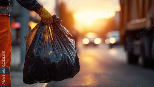 Worker in orange attire holds full black trash bag at sunset