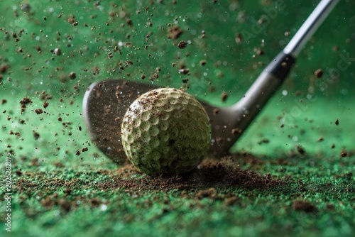Golf club striking ball, dirt and grass flying, high-speed motion