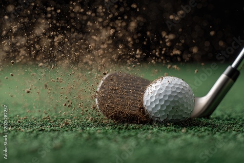 Golf club strikes ball, sending dirt and grass flying dynamically