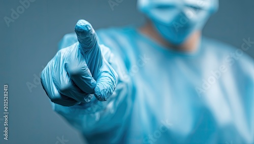 Healthcare professional in protective gear points finger forward, offering guidance or warning