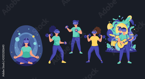 People exploring diverse activities in virtual reality: meditation, fitness, and music, showcasing the immersive future of digital lifestyle and entertainment.