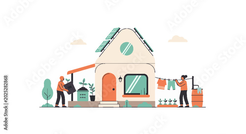 Eco-friendly home with solar panels, people composting and air-drying laundry. Sustainable lifestyle, green energy, and responsible living illustration.