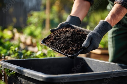 Hands in gloves pour dark rich soil from a tray into a bin