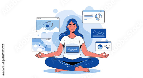 Mindful digital experience: Woman meditating amidst data windows, symbolizing focus, clarity, and managing information overload in the modern tech world.