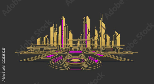 Futuristic golden city skyline with magenta accents, a sleek digital illustration of a modern urban landscape, sci-fi architecture concept.