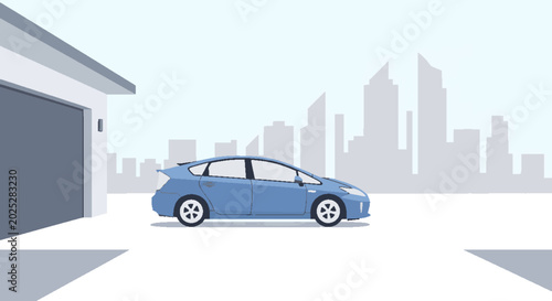 Modern blue hybrid car parked outside a minimalist garage with a subtle city skyline in the background, illustrating urban transportation and contemporary lifestyle.