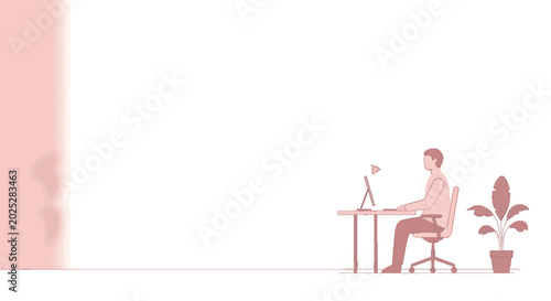 Clean vector illustration of a young man focused on his computer at a desk in a modern home office, symbolizing remote work and digital productivity.