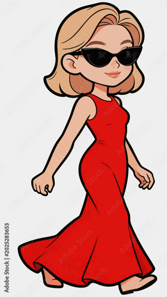 Fototapeta premium Cartoon fashionable woman walking in red evening dress