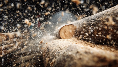 Circular saw blade cutting through a log, creating sawdust and sparks