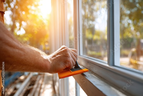 A gloved hand applies a squeegee to a window frame