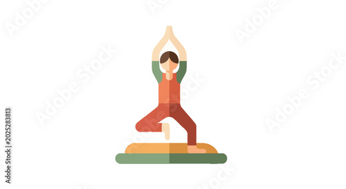 Flat design illustration of a person practicing yoga in the tree pose on a mat, representing balance and mindfulness.