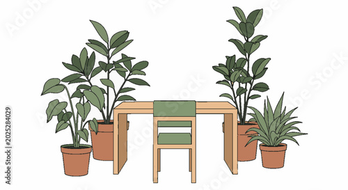 Modern minimalist desk and chair surrounded by lush green potted plants, creating a serene and natural workspace.