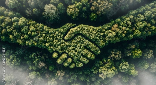 Aerial forest view forming a handshake shape. Environmental partnership and green deal. Lush green trees shaped like two hands shaking to represent sustainable business cooperation