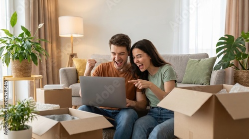 Excited young couple sitting on floor with moving boxes cheering at laptop in their new sunny modern home.