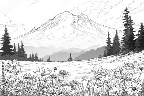 Majestic Mountain Landscape with Wildflowers Line Art.