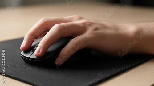 Close-up of a hand using a computer mouse on a desk.