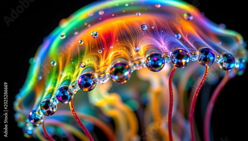 The image features a close up, highly detailed view of a cluster of bioluminescent or artificially illuminated organisms or objects against a dark background