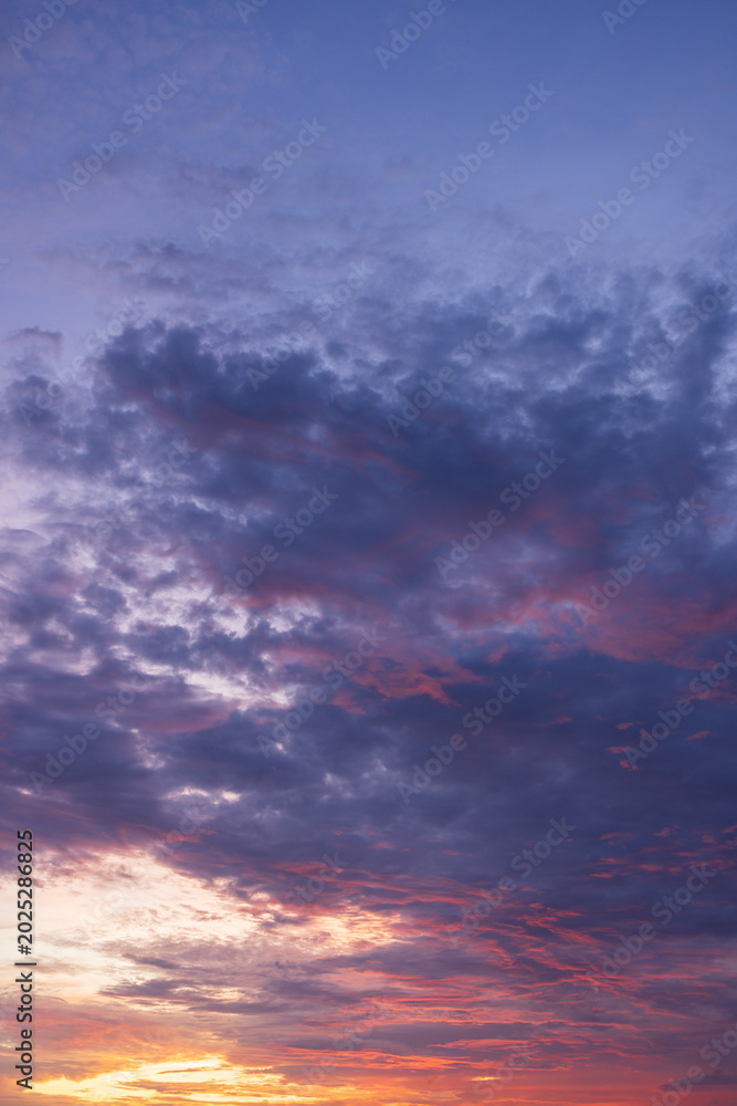 Fototapeta premium Dramatic Sunset Sky with Vibrant Twilight Clouds,Beautiful twilight sky during sunset featuring a dramatic blend of deep blue and purple clouds illuminated with vibrant orange, pink, and yellow hues.