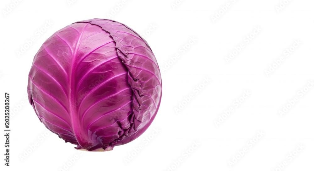 Obraz premium A single head of fresh red cabbage with vibrant purple leaves and visible veins, isolated against a solid black background