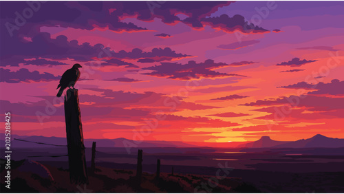 Fotografie Stunning Sunset Landscape with Bird Silhouette for Commercial Use