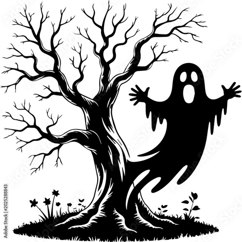 Photos Halloween Silhouette of a Spooky Ghost Emerging from a Gnarled Bare Tree