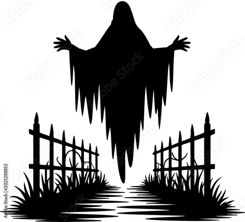 Foto Spooky Ghost Silhouette Rising from Graveyard Fence Halloween Vector Illustratio