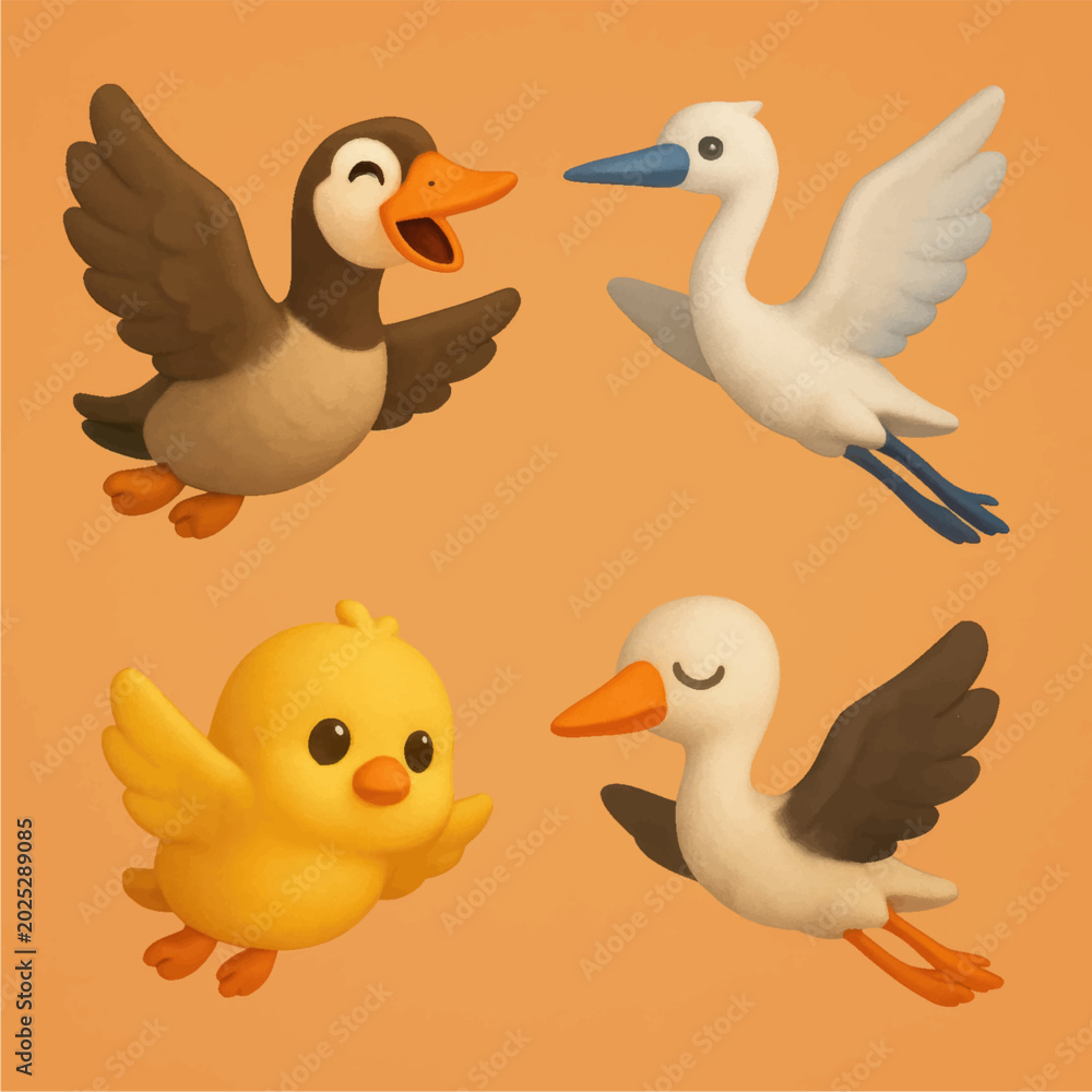 Obraz premium Four cute cartoon birds flying on plain background. Suitable for childrens book illustrations, greeting cards, and naturethemed designs.