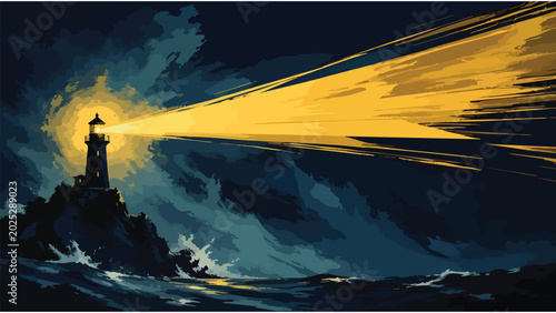 Tableau sur toile Lighthouse Guiding Ship Through Stormy Seas, Safety Beacon for Navigation