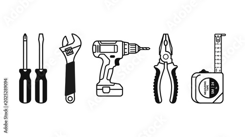 Handyman tools line art, screwdriver, wrench, drill, pliers, tape measure, nobody