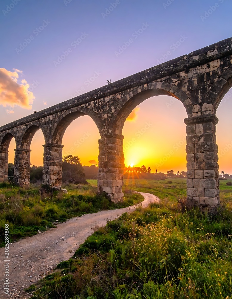 Fototapeta premium A serene stone bridge spans over a winding path at sunset