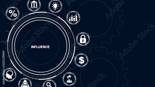 Business concept infographic with influence and surrounding icons on dark blue background with gears