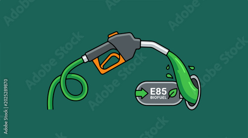 Illustration of E85 biofuel pump nozzle dispensing sustainable green fuel.
