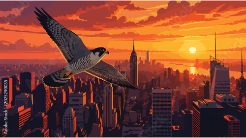 Tableau sur toile Peregrine Falcon Soaring Over City Skyline at Sunset - Urban Wildlife Photograph