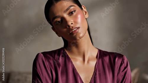 Hot model in deep plum satin dress, sleek dark hairstyle, lifted chin pose and soft concrete studio shadows creating elegant moody fashion beauty portrait with premium editorial style and calm gaze