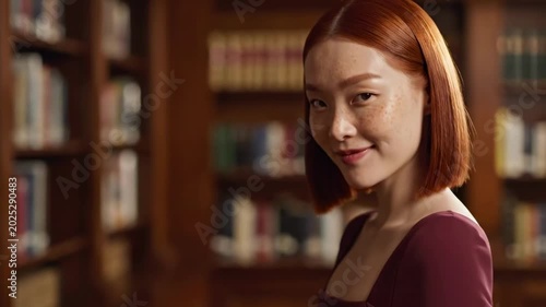 Hot model with copper bob haircut, delicate freckles, burgundy square neck dress and warm library backdrop creating refined intellectual beauty portrait with soft confident smile and bookish mood
