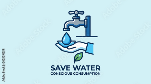 Save water conscious consumption concept illustration with tap and hand.