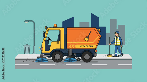 Vector illustration of a street sweeper truck cleaning a city road with a sanitation worker.