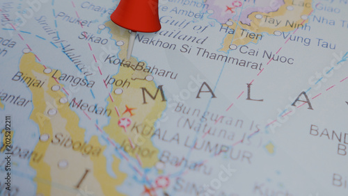 Vászonkép Red pin on map of Malaysia, travel destination marker, Southeast Asia geography,