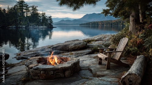 Burning campfire in stone fire pit with wooden chair on rocky lakeshore overlooking mountains at sunset