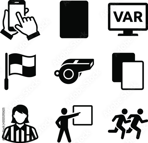 Sports icons set including referee finish line and var technology