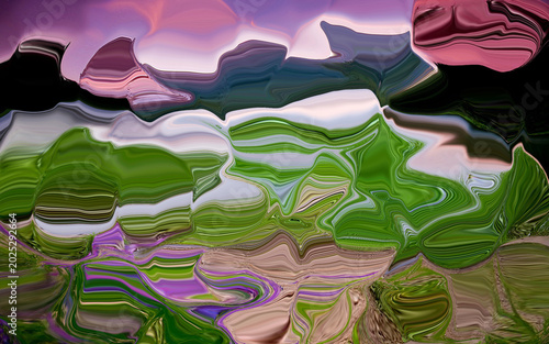 Abstract Liquid Landscape Waves: Vibrant Green Purple Fluid Marble Texture Background Digital Art